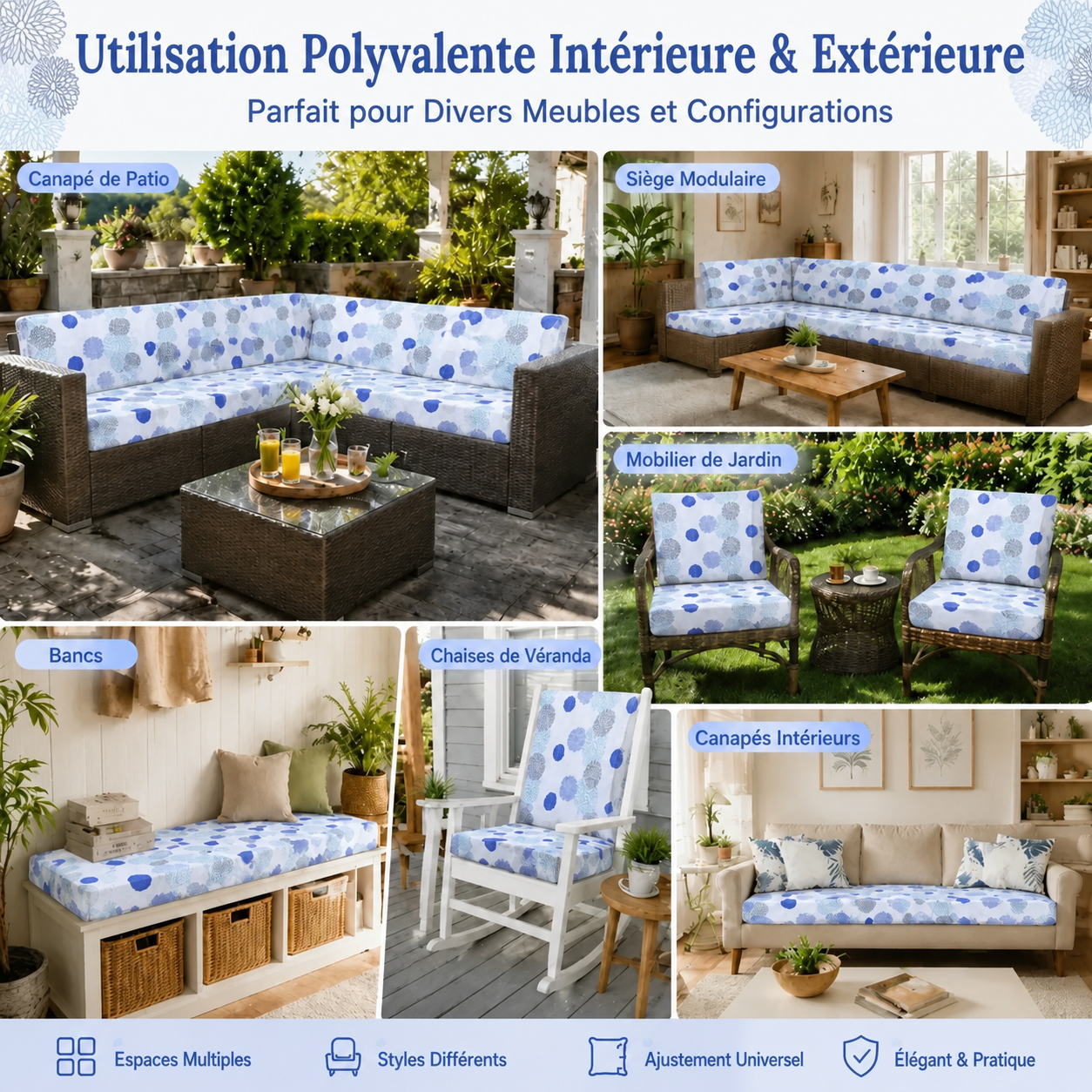 Light Blue Floral Outdoor Patio Sofa Cushion Covers