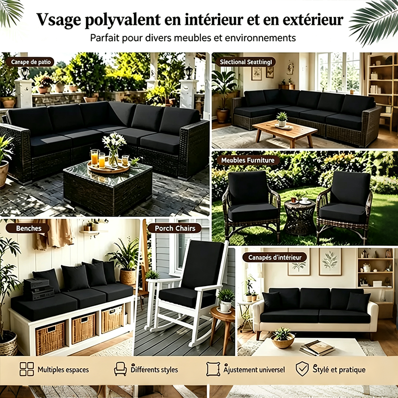 Housses de coussin noires pour canapé d'extérieur
