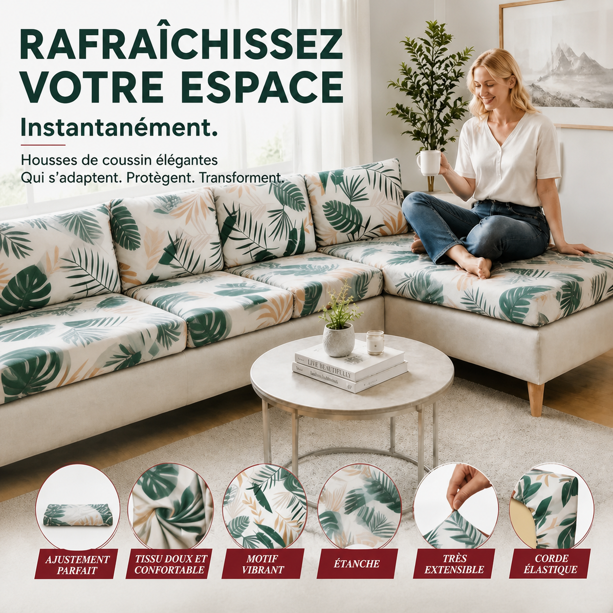 Housses de coussin de canapé de terrasse à motif de feuilles de palmier