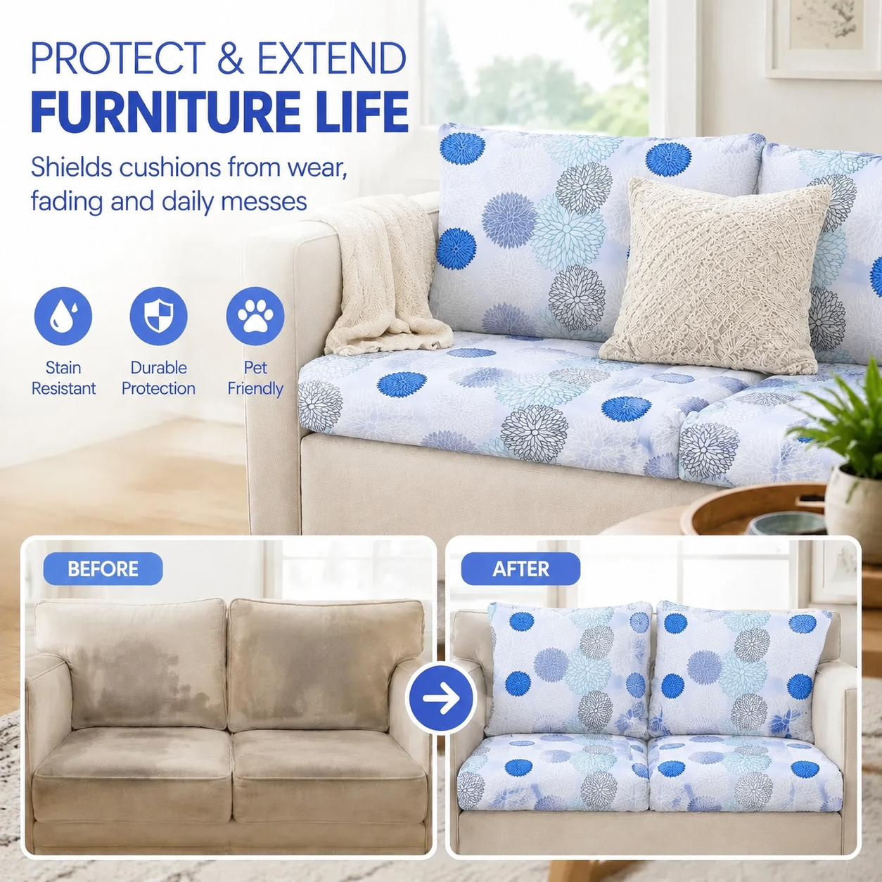 Light Blue Floral replacement cushion covers for refresh coach