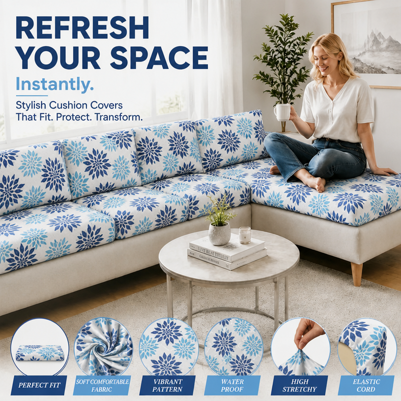 Blue Floral Pattern Outdoor fitted sofa cushion cover