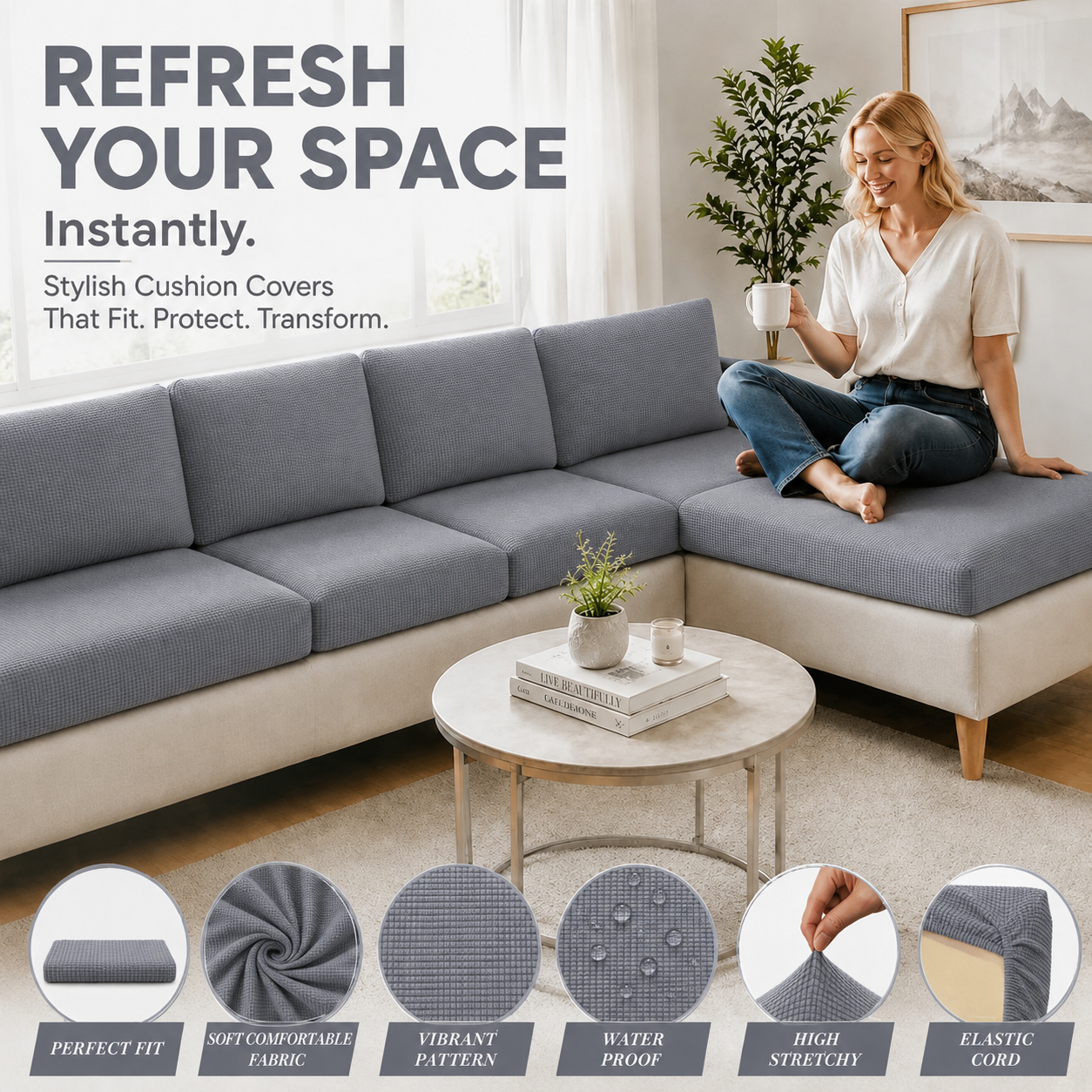 Grey indoor fitted sofa cushion cover