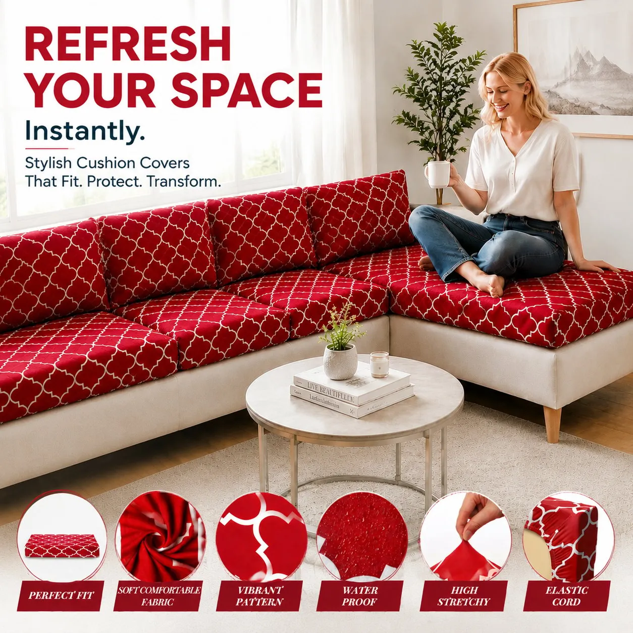 Red Geometric Outdoor fitted sofa cushion cover