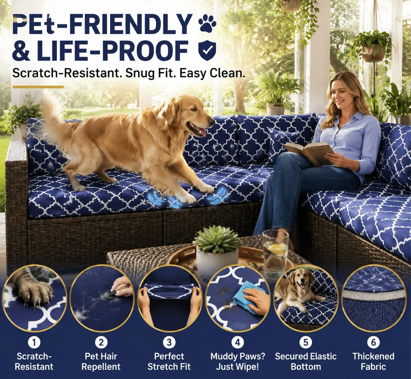 Navy Geometric Pet Friendly cushion covers for  indoor sofa
