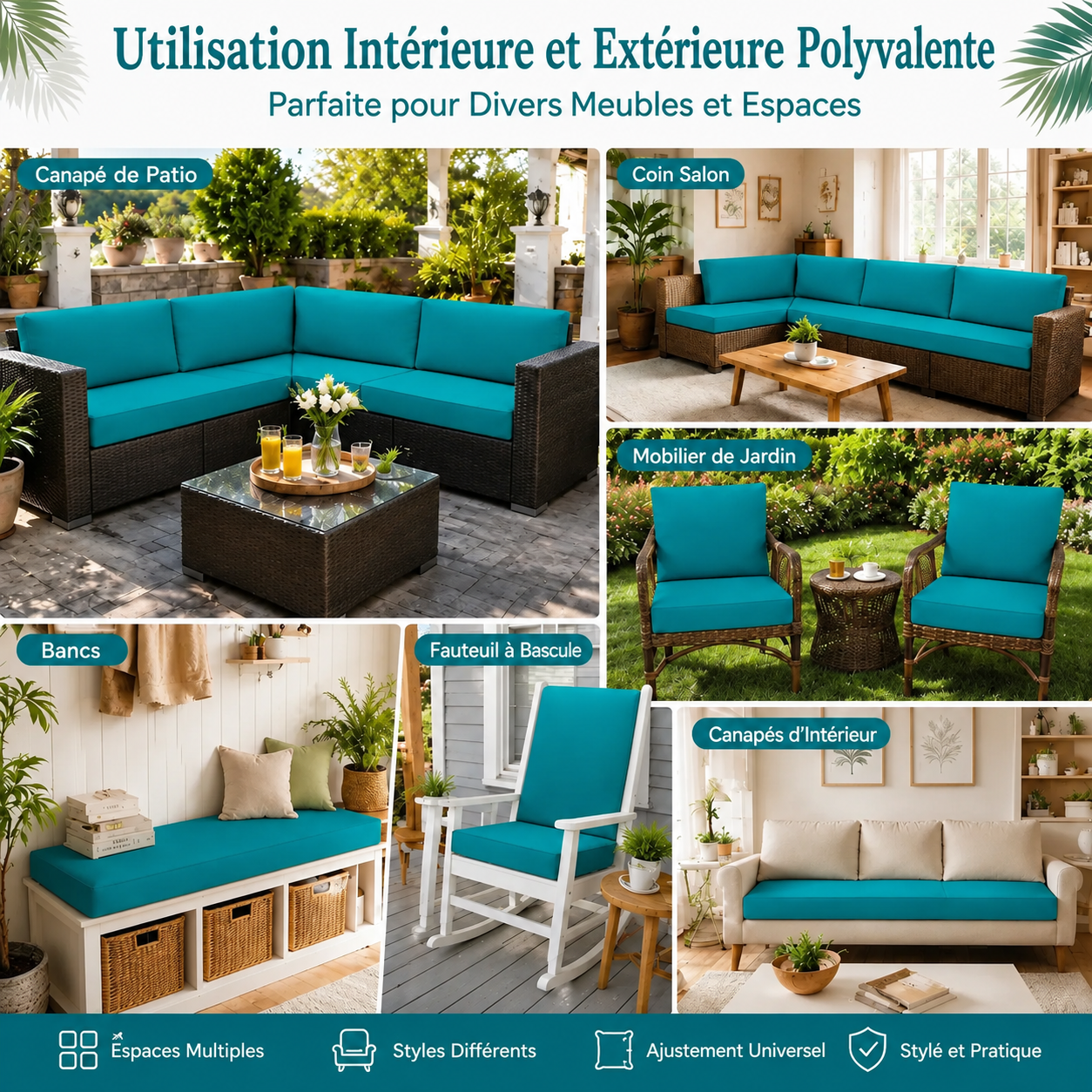 Housses de coussins turquoise pour canapé d'extérieur