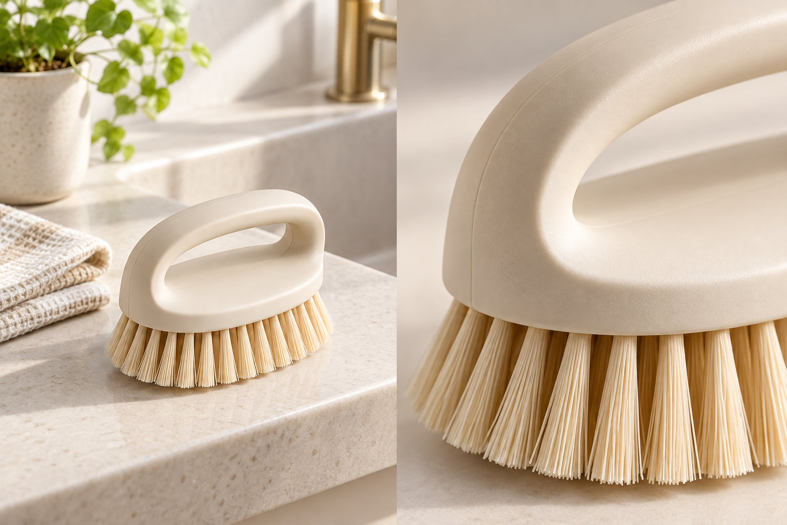 Cream handheld cleaning brush beside a sink with close-up bristle detail