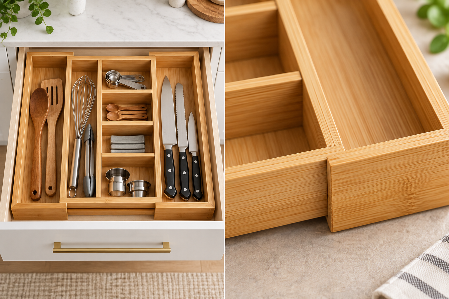Bamboo organizer inside a kitchen drawer with close-up bamboo grain detail