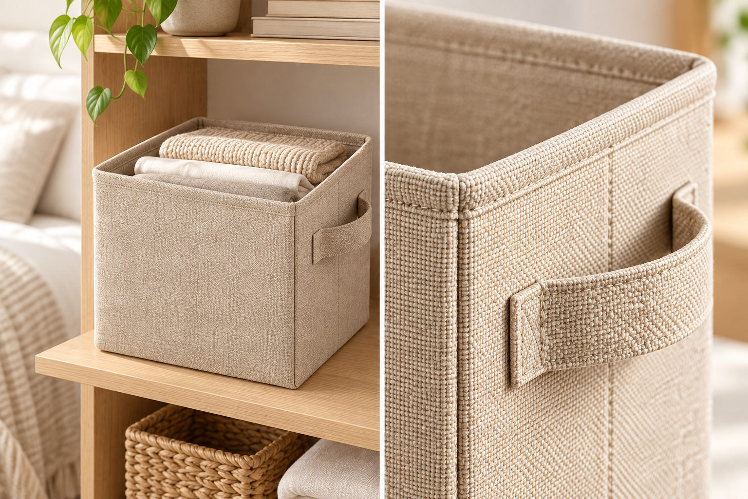 Beige fabric storage basket on a shelf with close-up woven texture detail