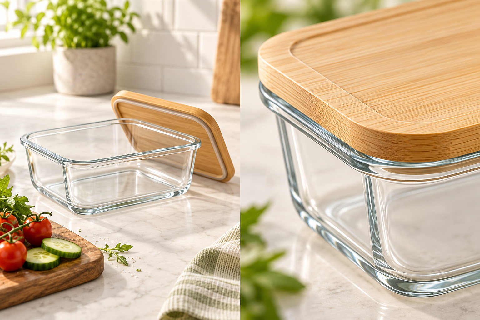 Glass food container in a bright kitchen with close-up bamboo lid detail