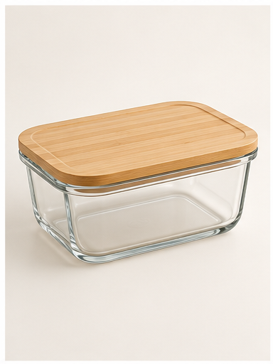 Clear glass food storage container with bamboo lid