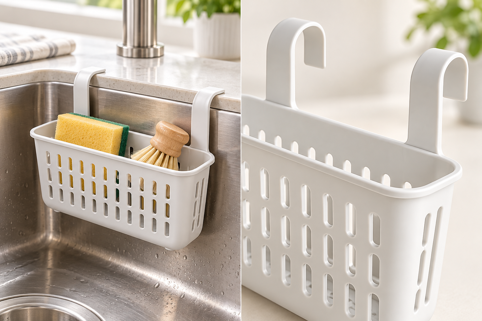 White hanging drain basket installed at a kitchen sink with close-up hook detail