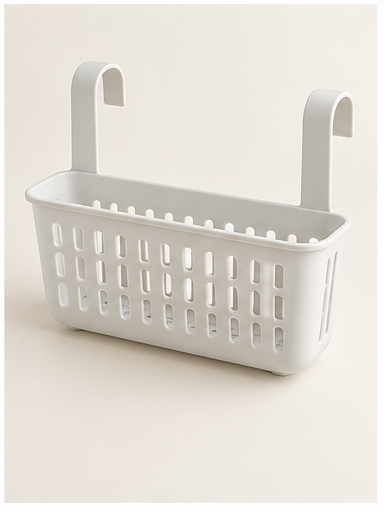 White over-sink drain basket with hanging hooks