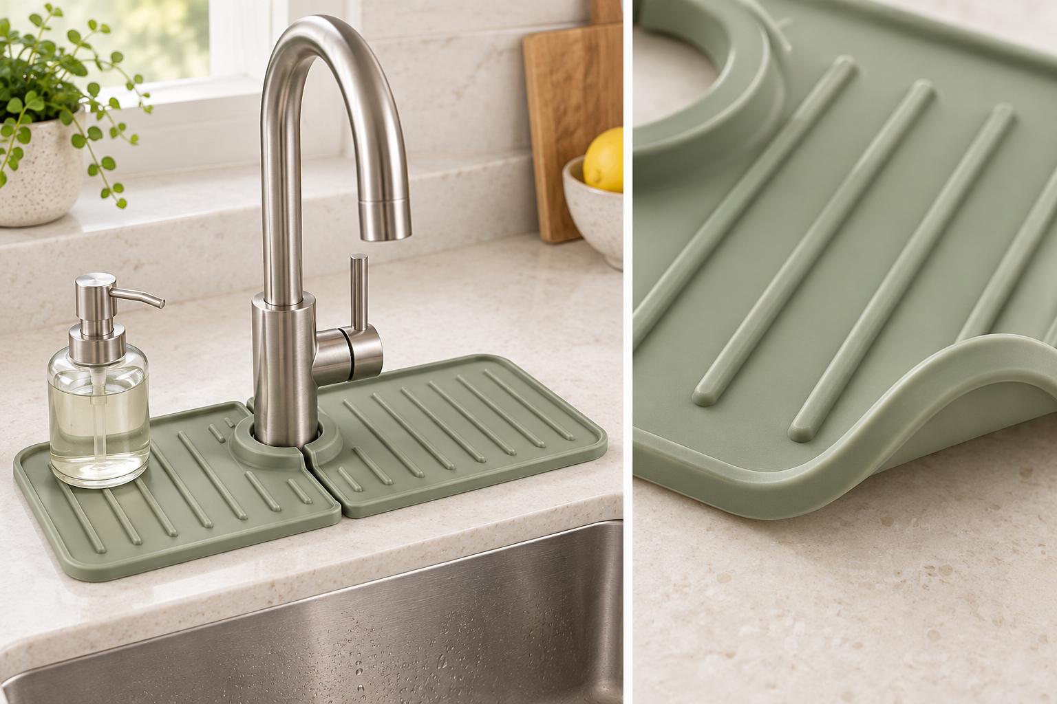 Sage silicone faucet mat installed beside a sink with close-up drainage detail