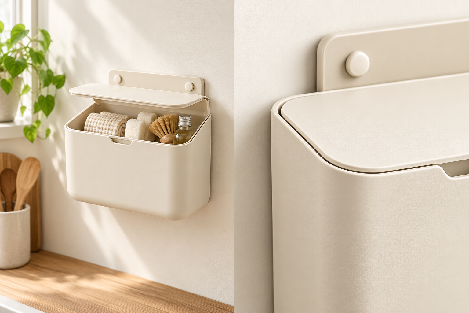 Cream wall-mounted storage box in a home setting with close-up lid detail