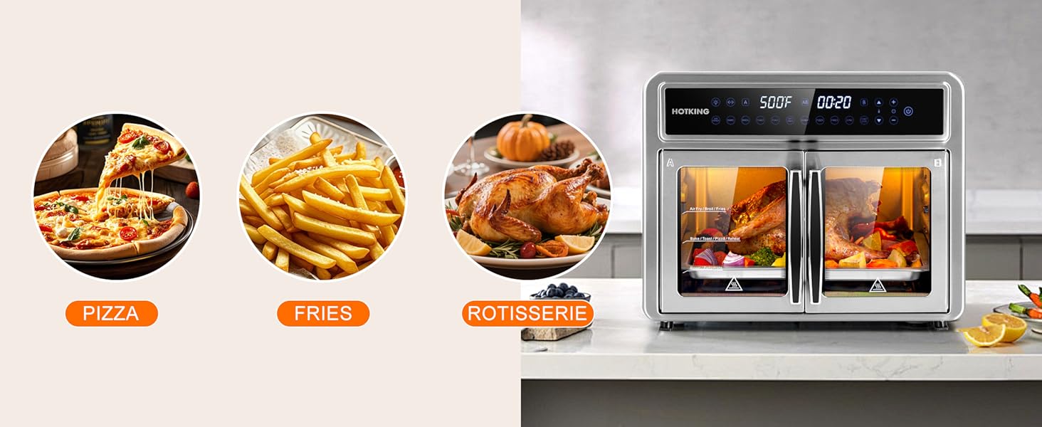 10-in-1 Versatility�?air fry. bake. broil. toast. roast. dehydrate. reheat. pizza. fries. rotisserie
