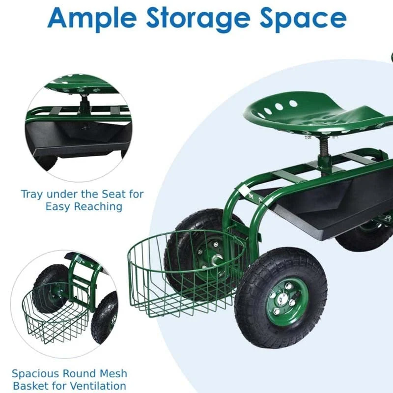 Eletriclife Heavy Duty Garden Cart with Tool Tray and 360 Swivel Seat
