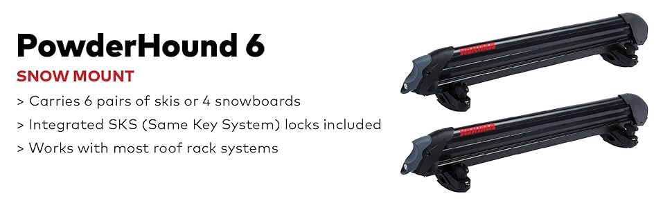 Carries 6 pairs of skis or 4 snowboards. Integrated SKS (Same Key System) locks included
