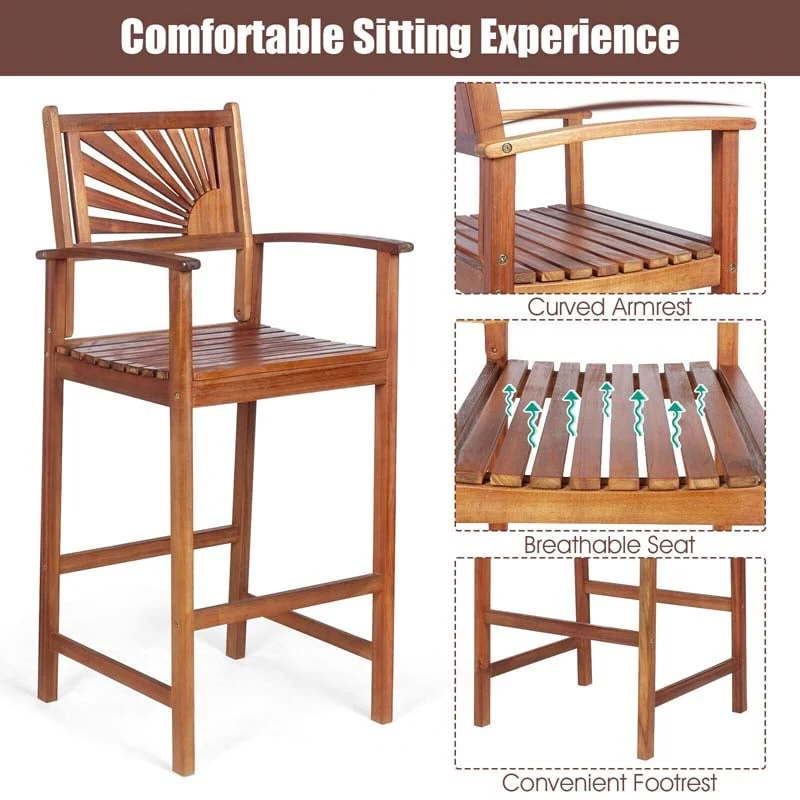 Eletriclife 2 Pieces Outdoor Acacia Wood Bar Chairs with Sunflower Backrest and Armrests