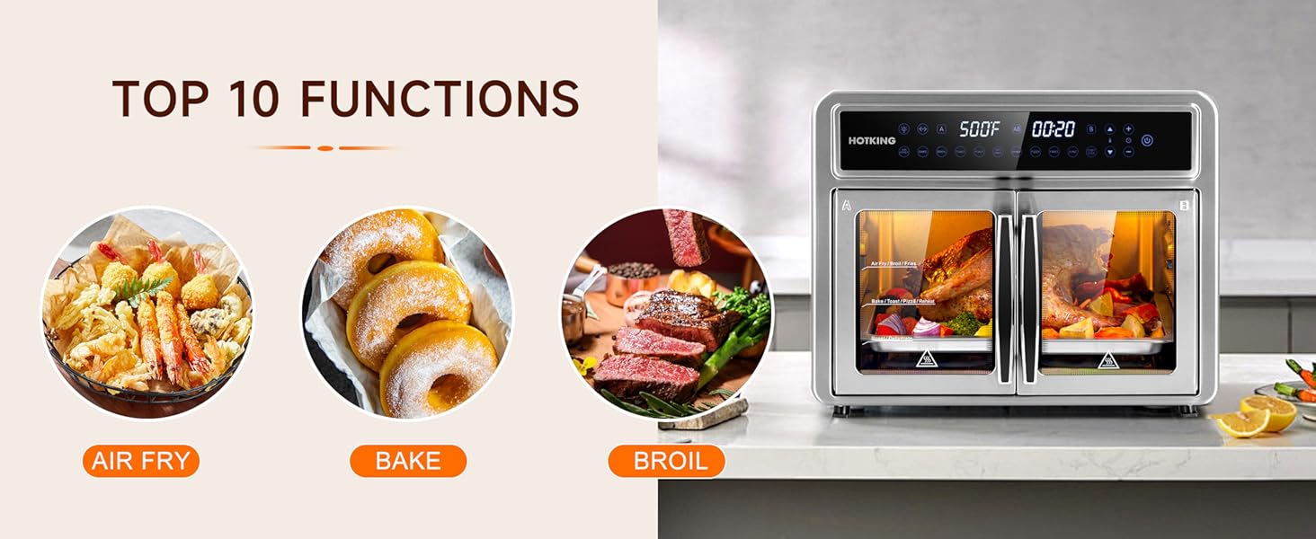 10-in-1 Versatility�?air fry. bake. broil. toast. roast. dehydrate. reheat. pizza. fries. rotisserie