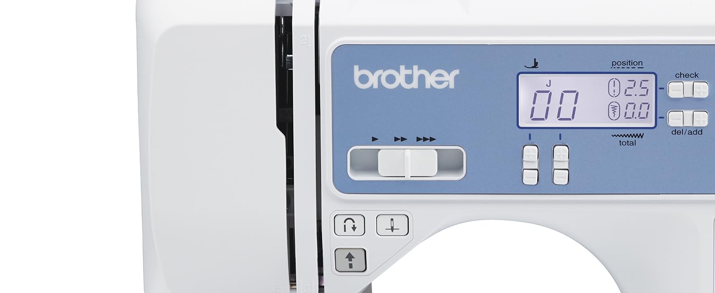 Close-up image of machine showing computerized screen. stitch. reverse. and speed control buttons