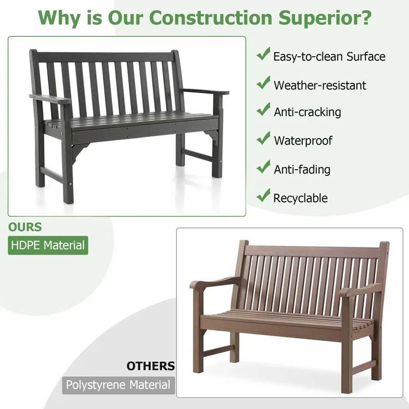 Eletriclife All-Weather HDPE 2-Person Garden Bench with Backrest and Armrests