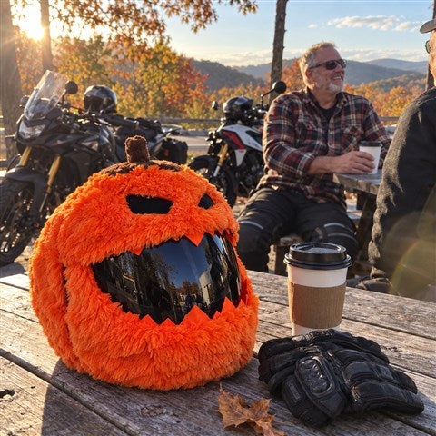 Pumpkin-style covered helmet at an autumn roadside coffee stop