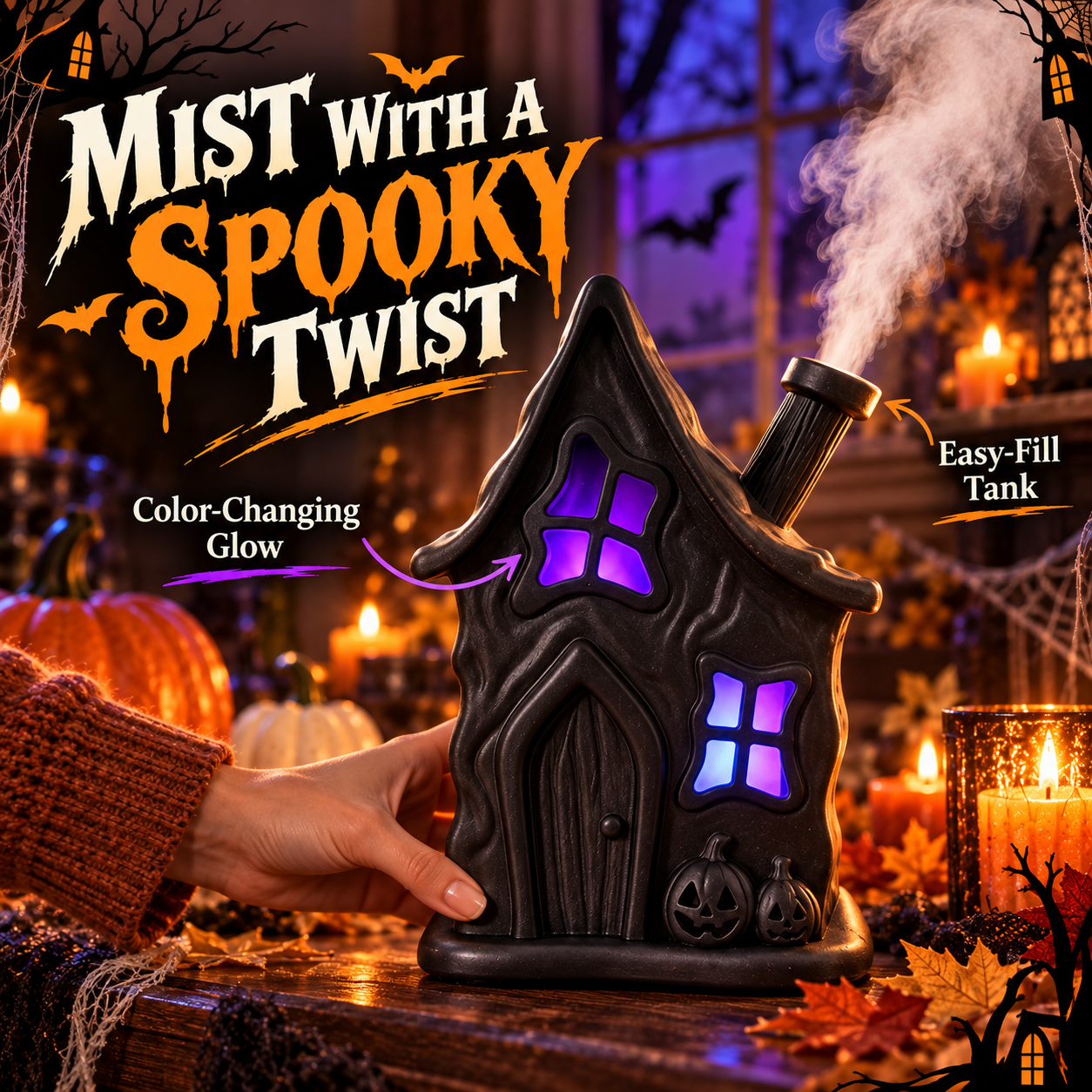 Haunted House Mist Humidifier with Color-Changing Glow - 1