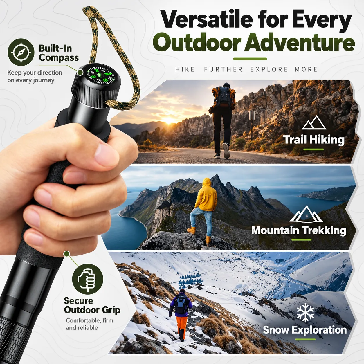 Trekking pole foam grip, wrist cord and built-in compass cap