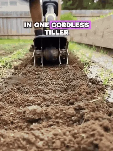 Cordless tiller loosening garden soil in handheld and extension-pole modes