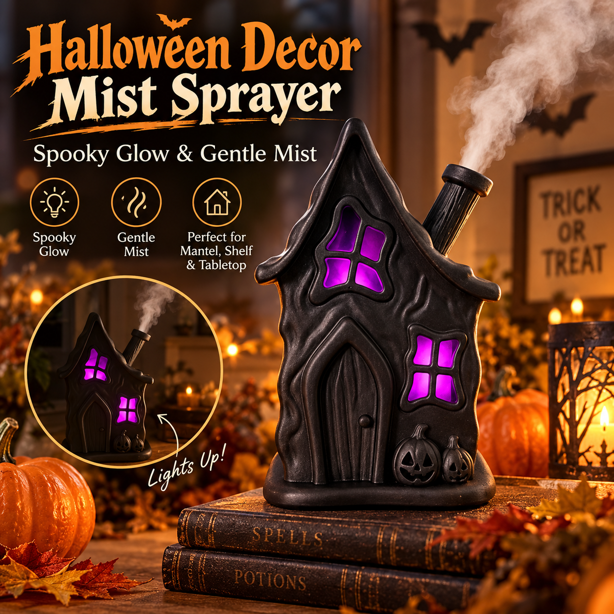 Haunted House Mist Humidifier with Color-Changing Glow - 3