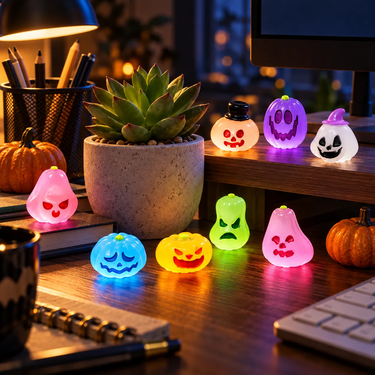 Mini glow figures decorating a home office desk