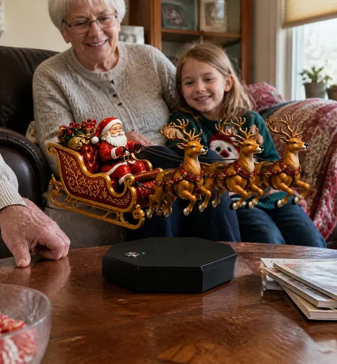 Grandmother and grandchild enjoying the floating Santa sleigh on a coffee table