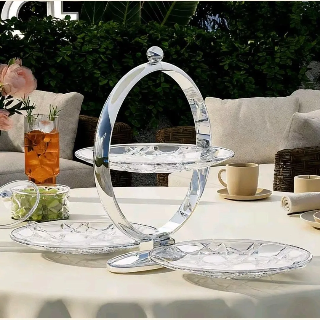 Clear three-tray serving stand shown open and ready to arrange