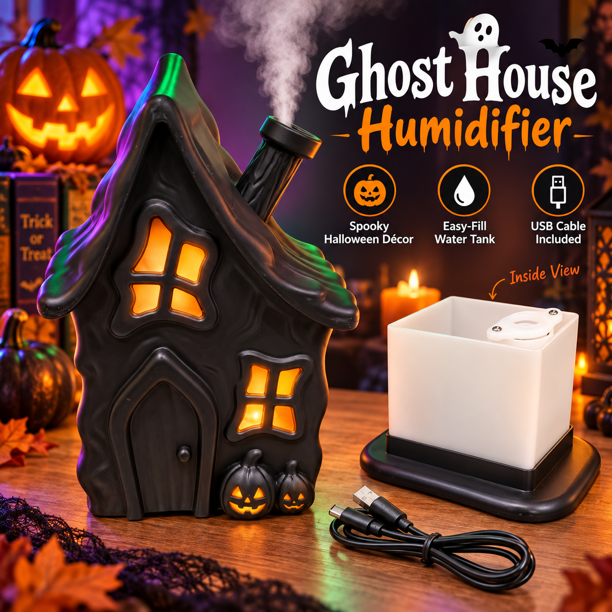 Haunted House Mist Humidifier with Color-Changing Glow - 4