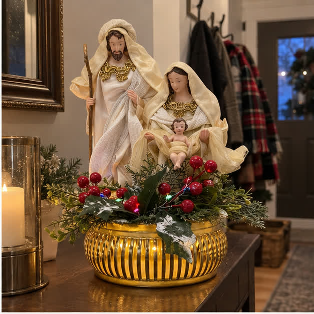 Gold Holy Family nativity on an entryway console at dusk