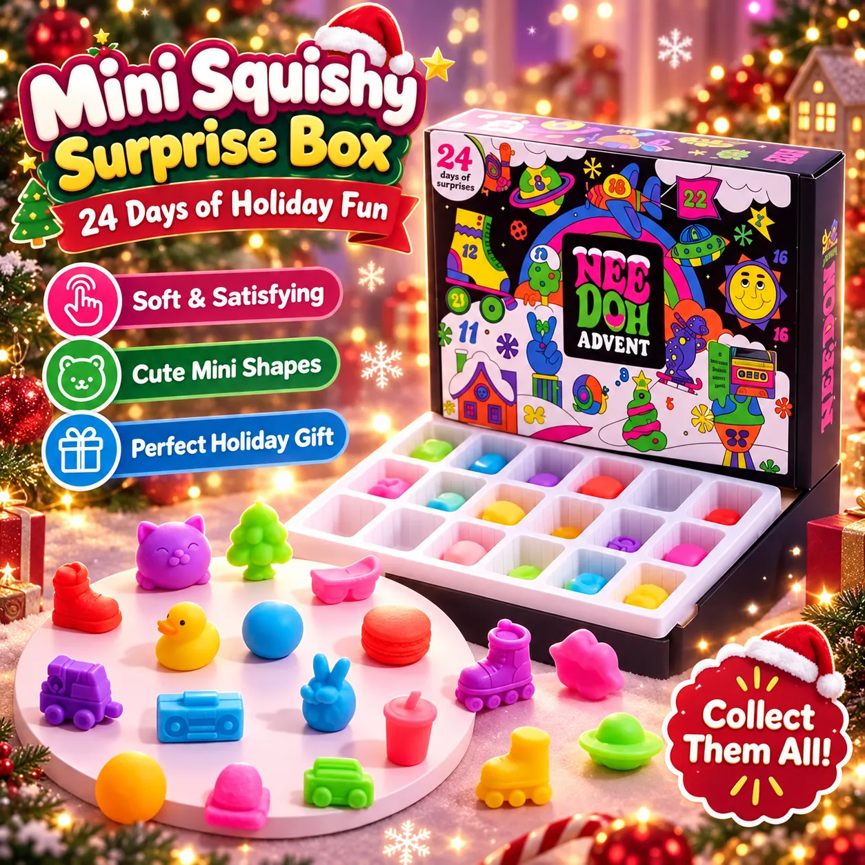 Open 24-compartment calendar with colorful mini toys