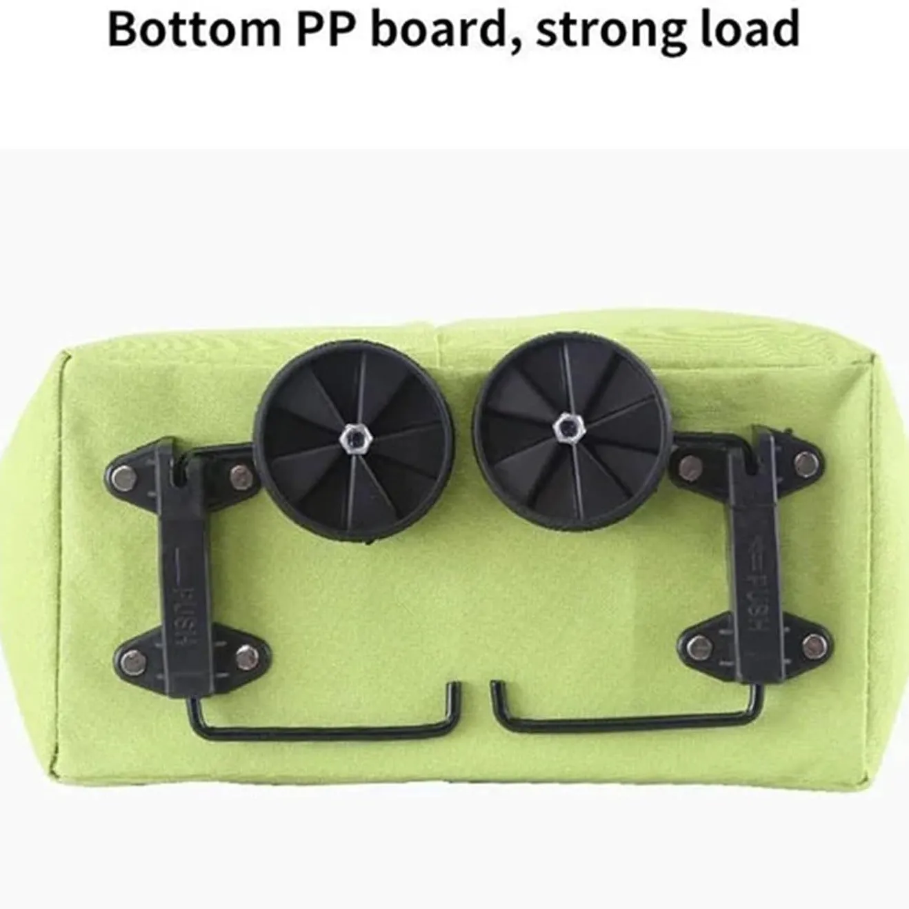 Underside view of two wheels and folding support legs