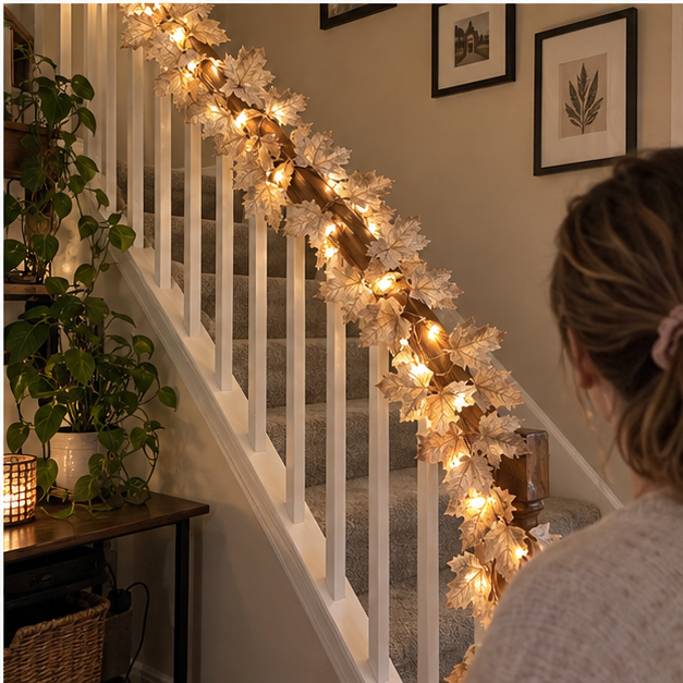 Ivory maple leaf light garland glowing along a staircase railing