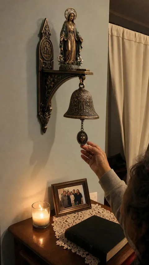 Our Lady wall bell above a small evening prayer table with candlelight