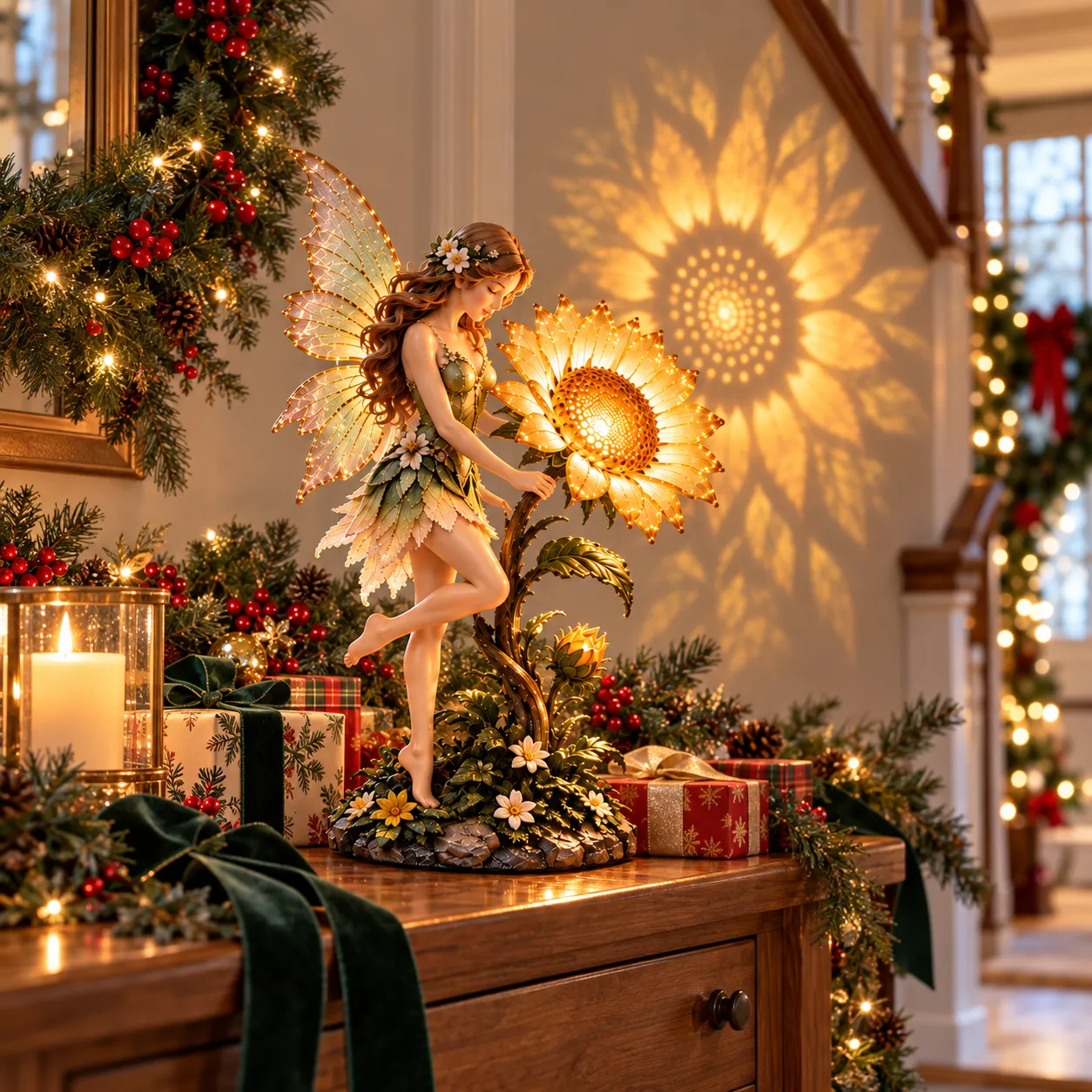 Fairy sunflower lamp displayed with Christmas gifts in an entryway