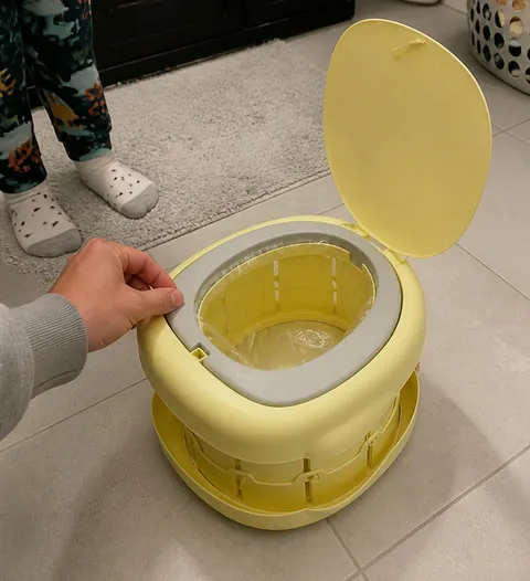 Open foldable potty prepared with a liner in a home bathroom