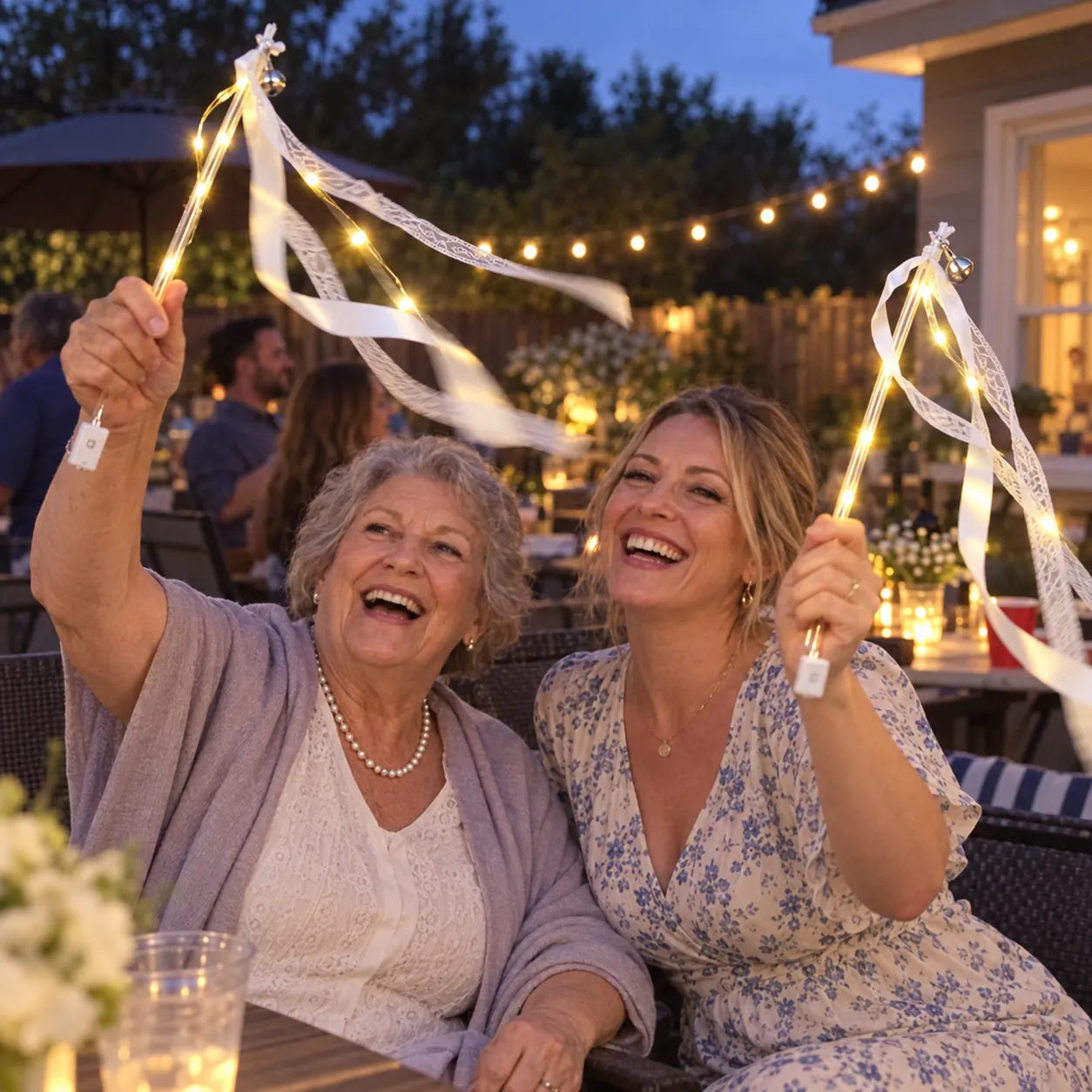Family members waving glowing ribbon wands at a patio celebration
