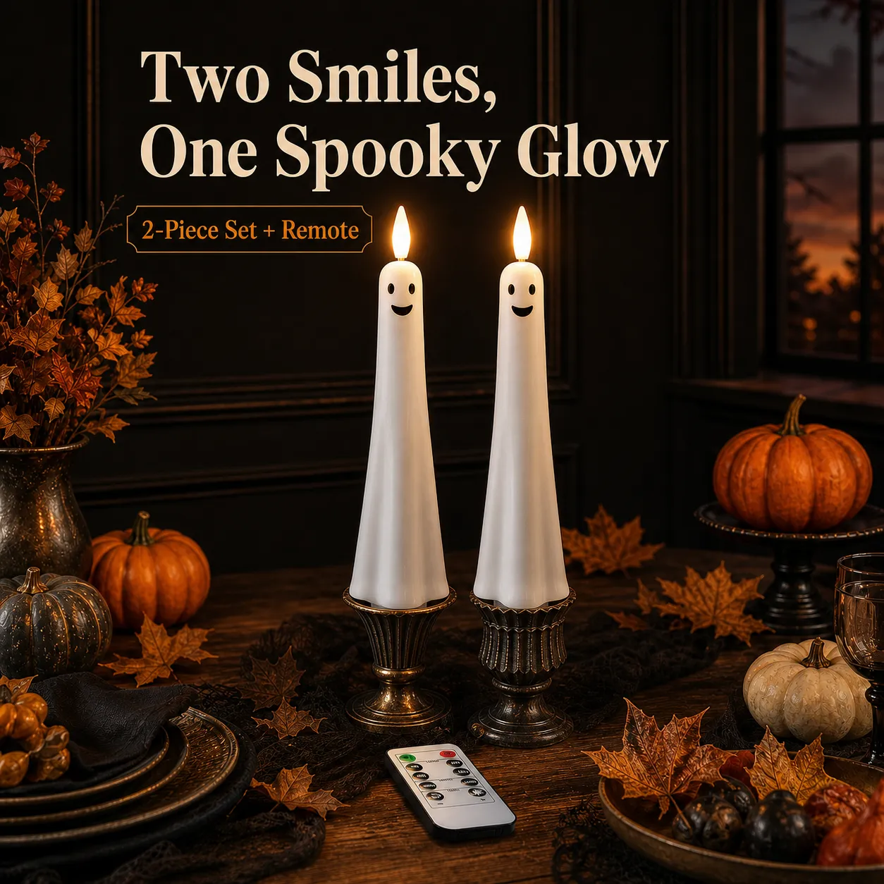 Two smiling ghost taper candles with remote on a Halloween table