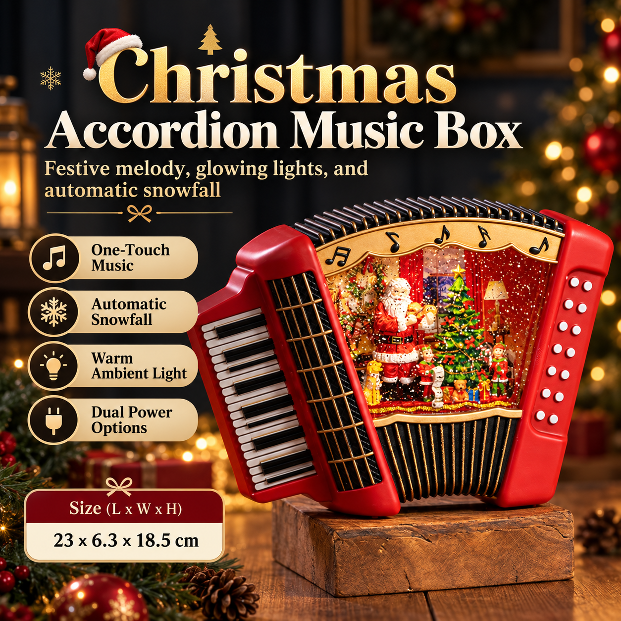 Christmas Accordion Music Box with Light & Automatic Snowfall - 7