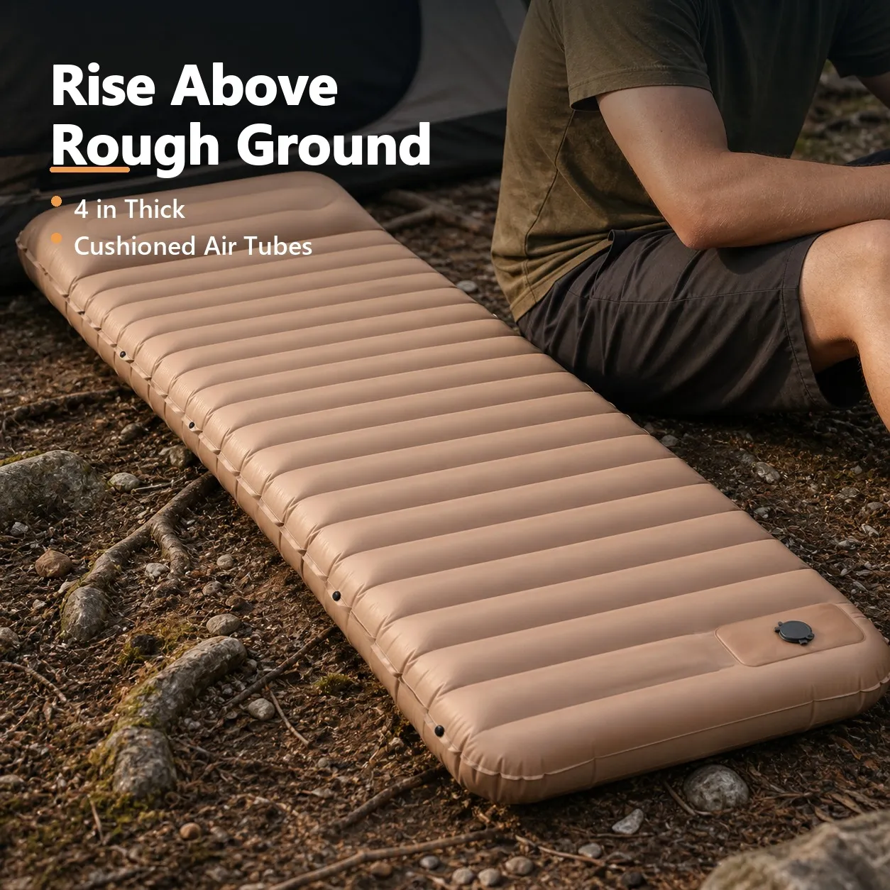 Camping mattress showing cushioned support above rough ground