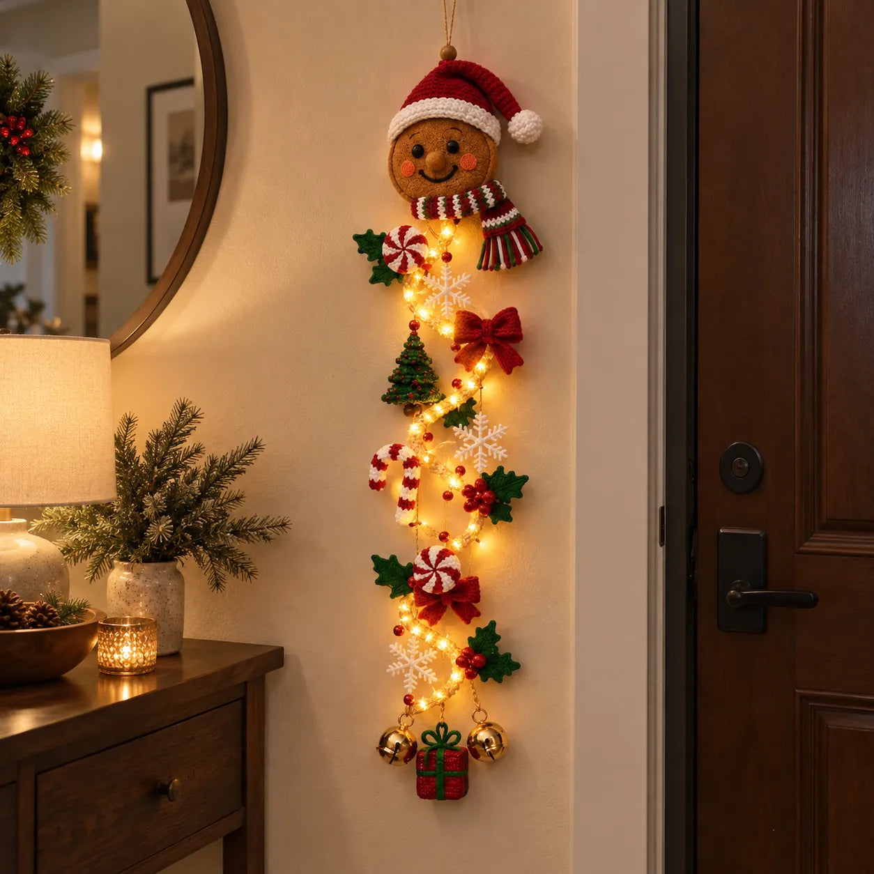 Christmas door decoration in a warm entryway
