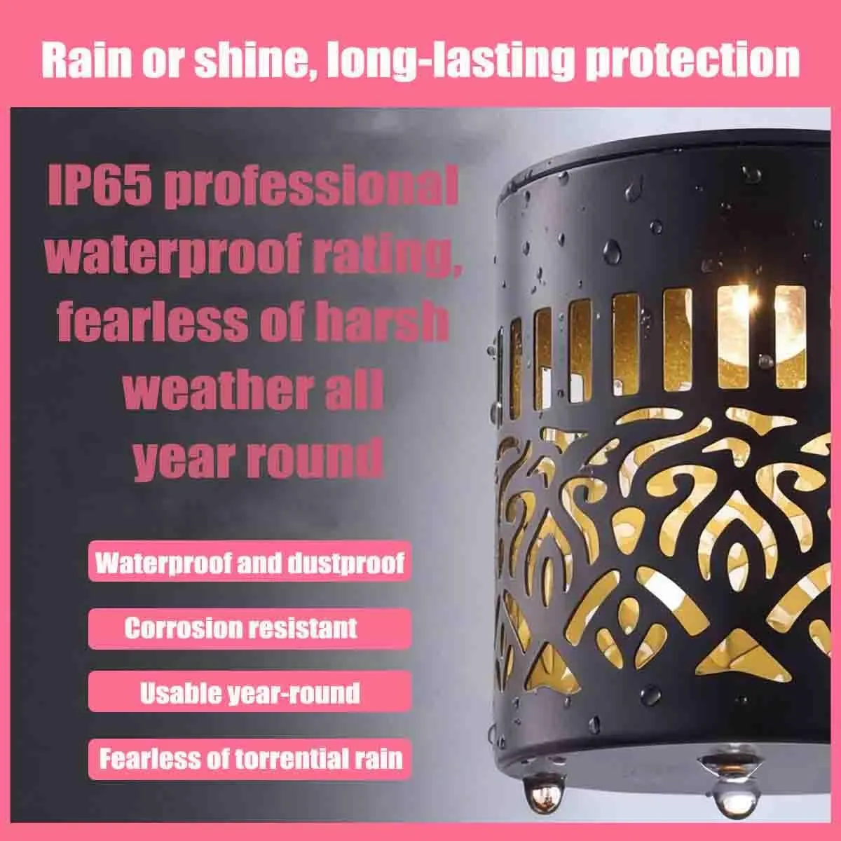 IP65 weather-ready solar wall light shown in rain and outdoor conditions