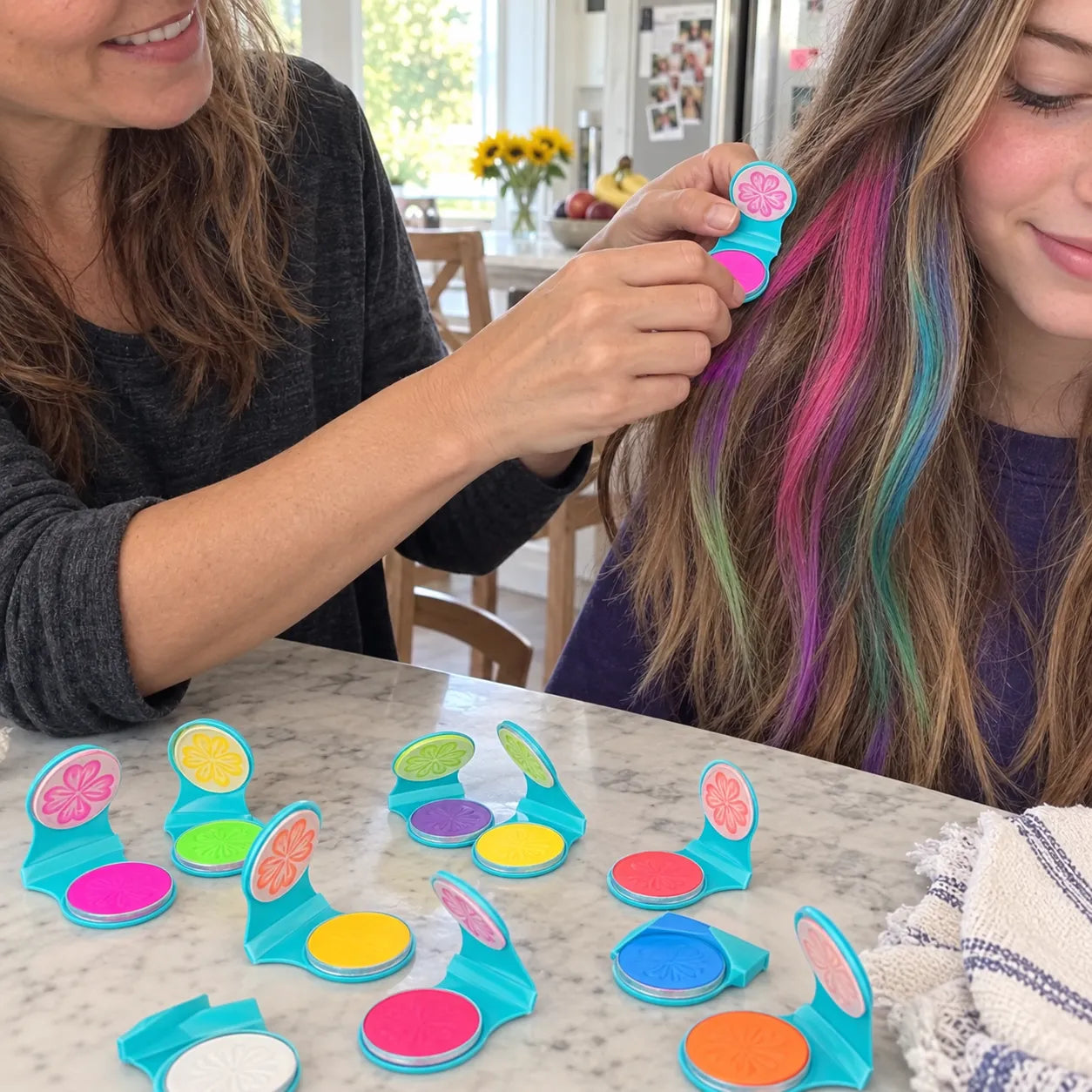 Family applying colorful temporary streaks for a spirit event