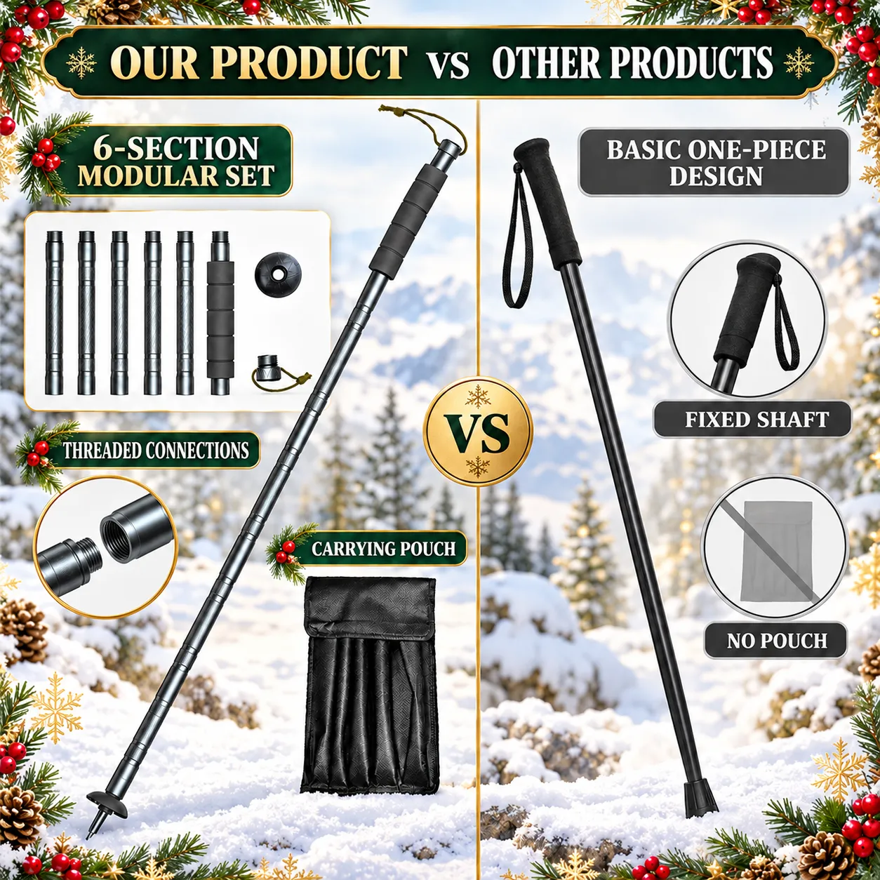 Our six-section modular trekking pole compared with a basic one-piece walking stick