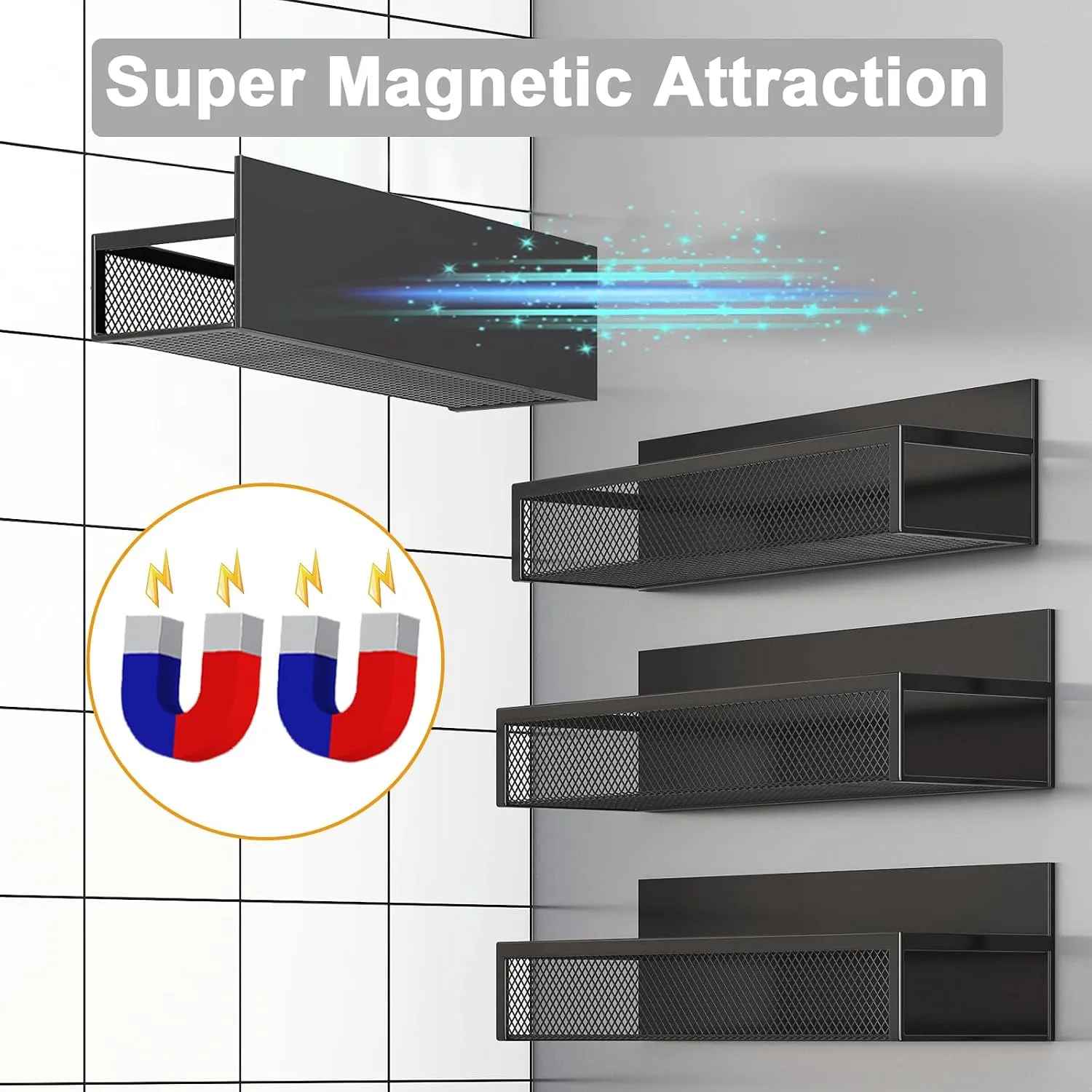 Close view of the magnetic backing on black metal mesh racks